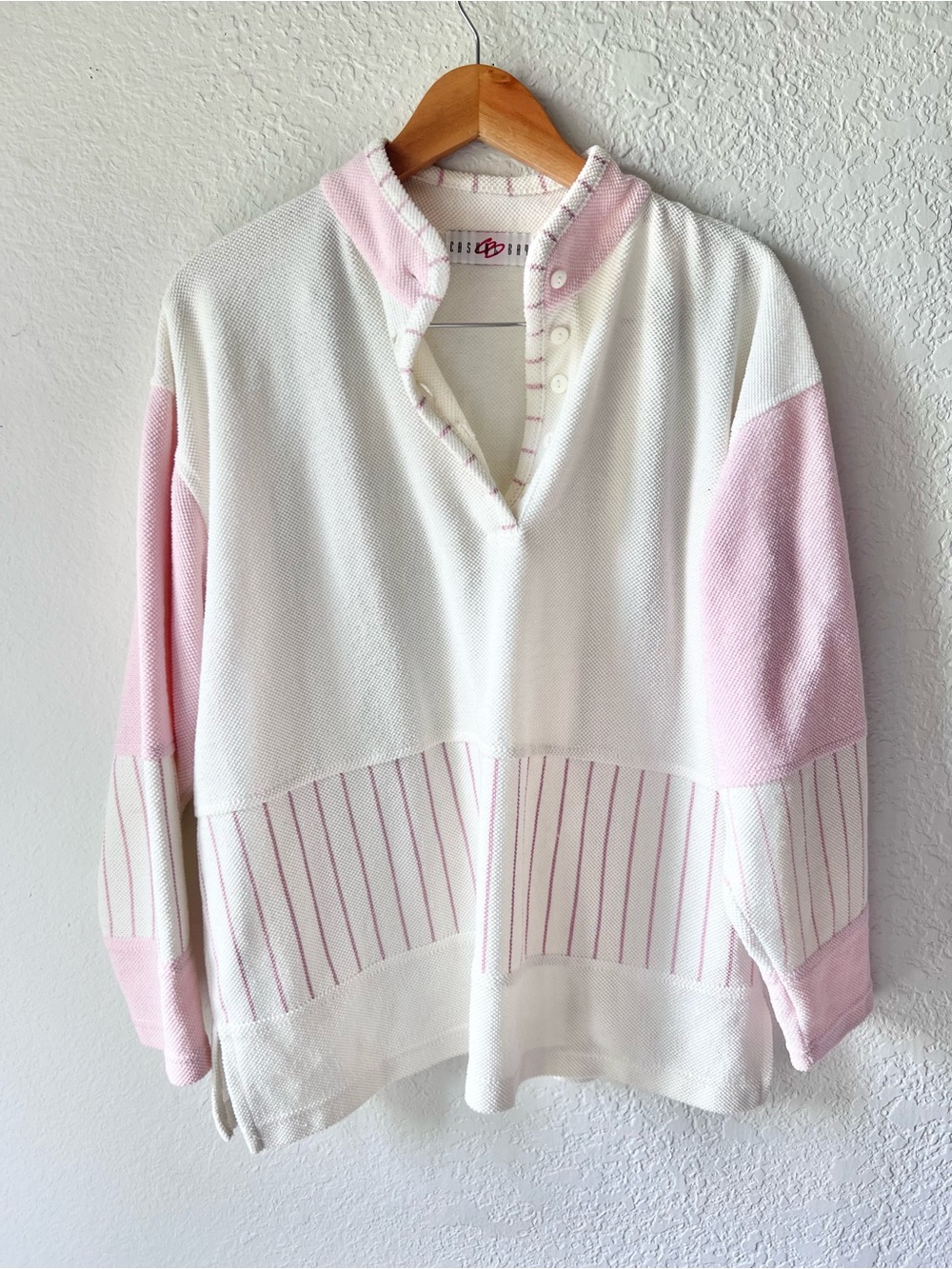 Vintage 90s Baby Pink Striped Baseball Style Henley Shirt Sz M